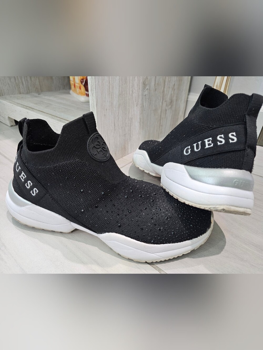 Guess Women’s Black Knit Slip-On Sneakers with White Sole Size 8.5